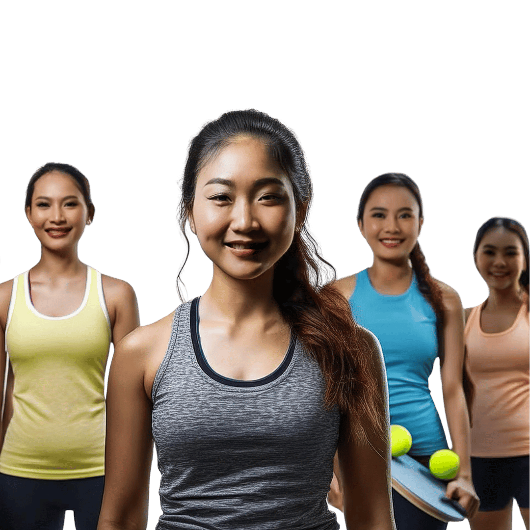 Women in sportswear smiling.