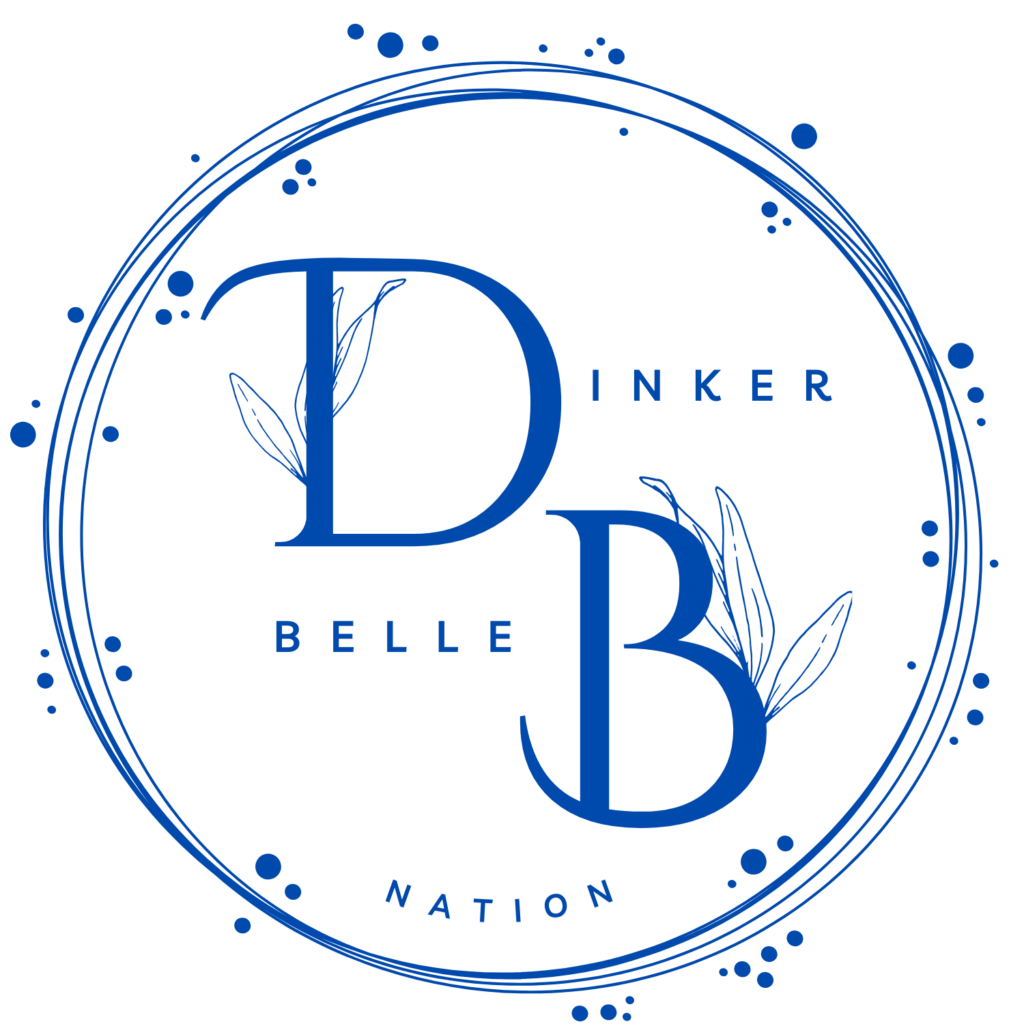 Dinker Belle Nation blue logo with floral accents.