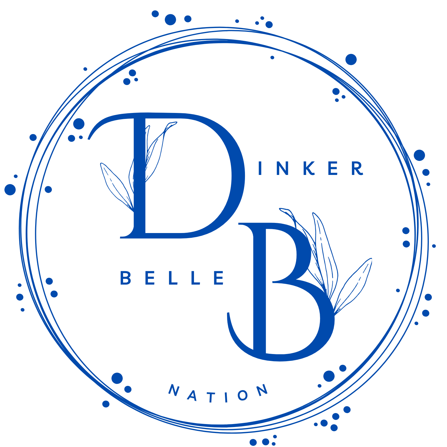 Dinker Belle Nation blue logo with floral accents.