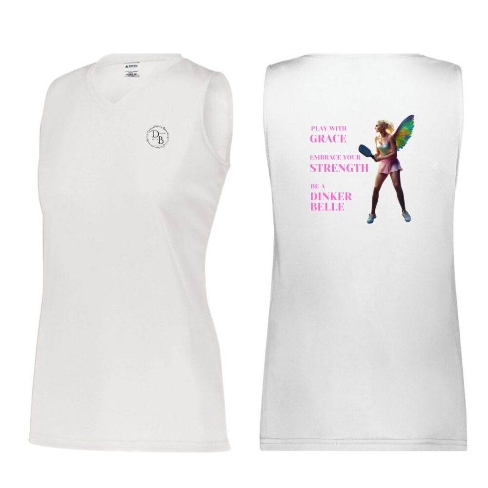 White sleeveless shirt with fairy graphic and text