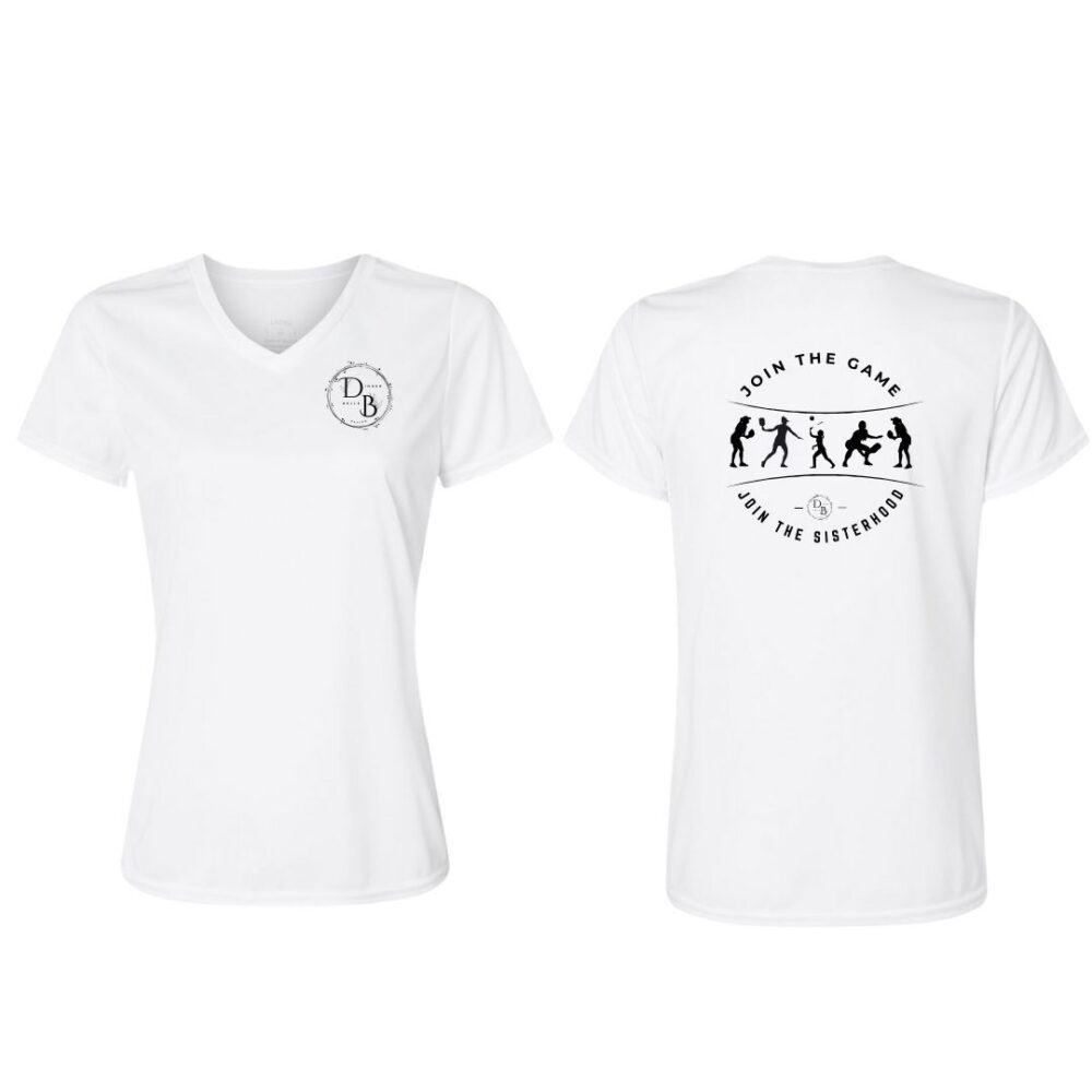 White shirts with sports and sisterhood designs.