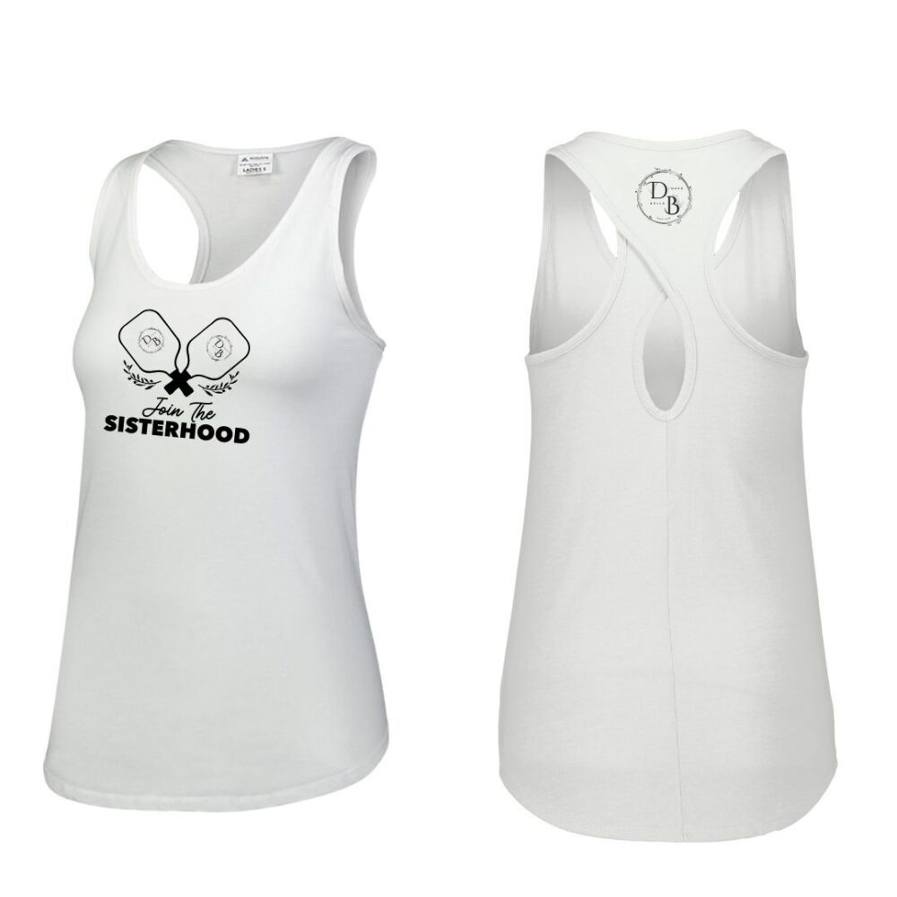 White tank top, 'Join the Sisterhood' design, front and back.