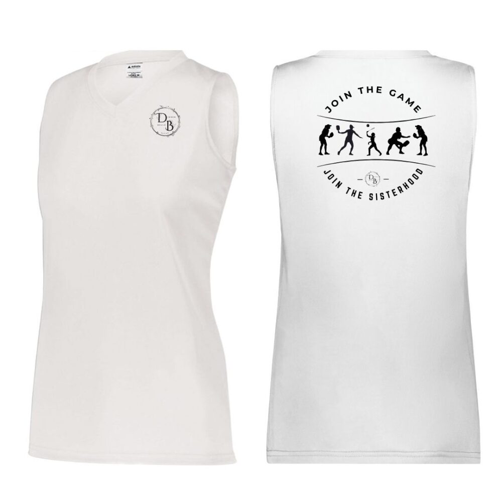 White sleeveless shirt with sports graphics.