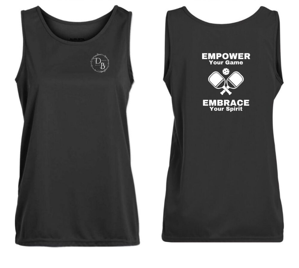 Black tank top with motivational text design.