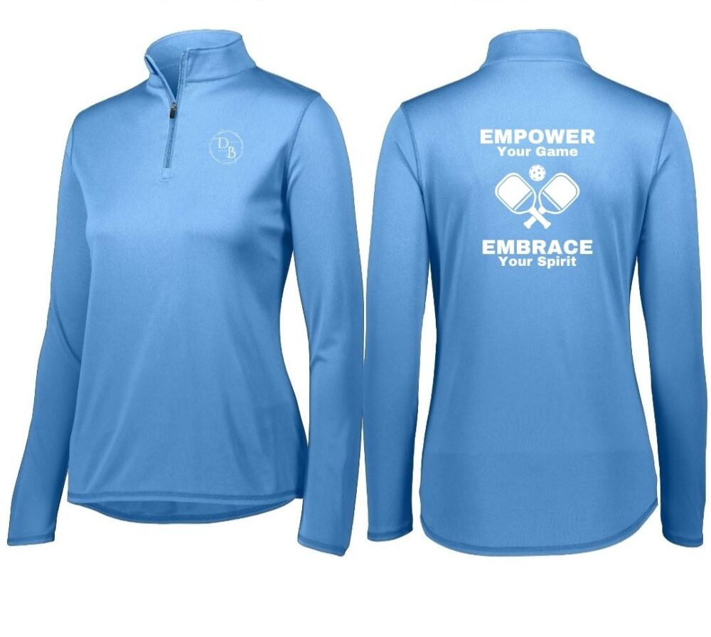 Blue long-sleeve shirt with empowering text.