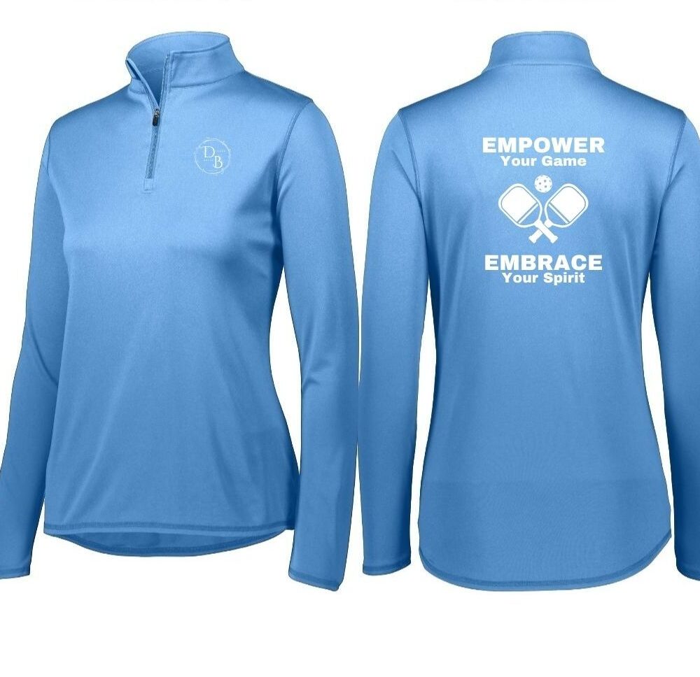 Blue long-sleeve shirt with empowering text.