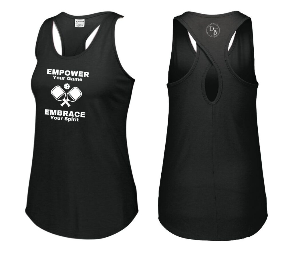 Black tank top with empowering pickleball design