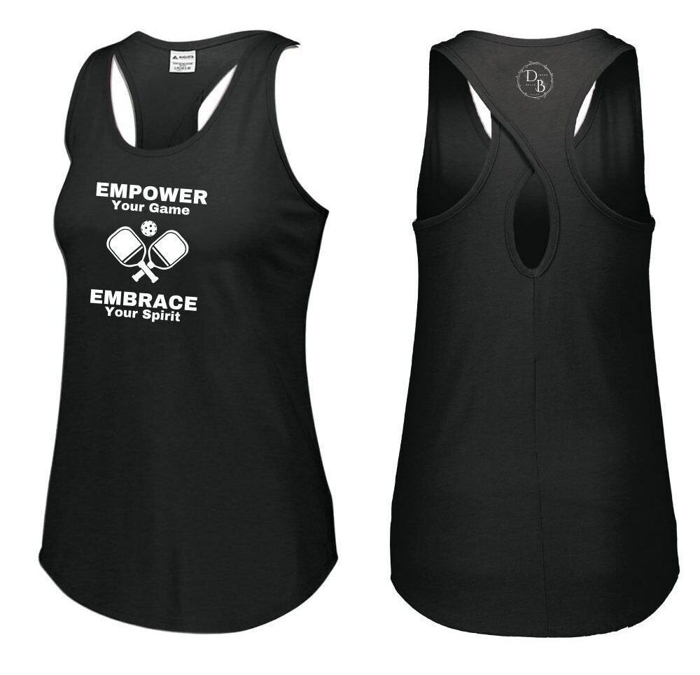 Black tank top with empowering pickleball design