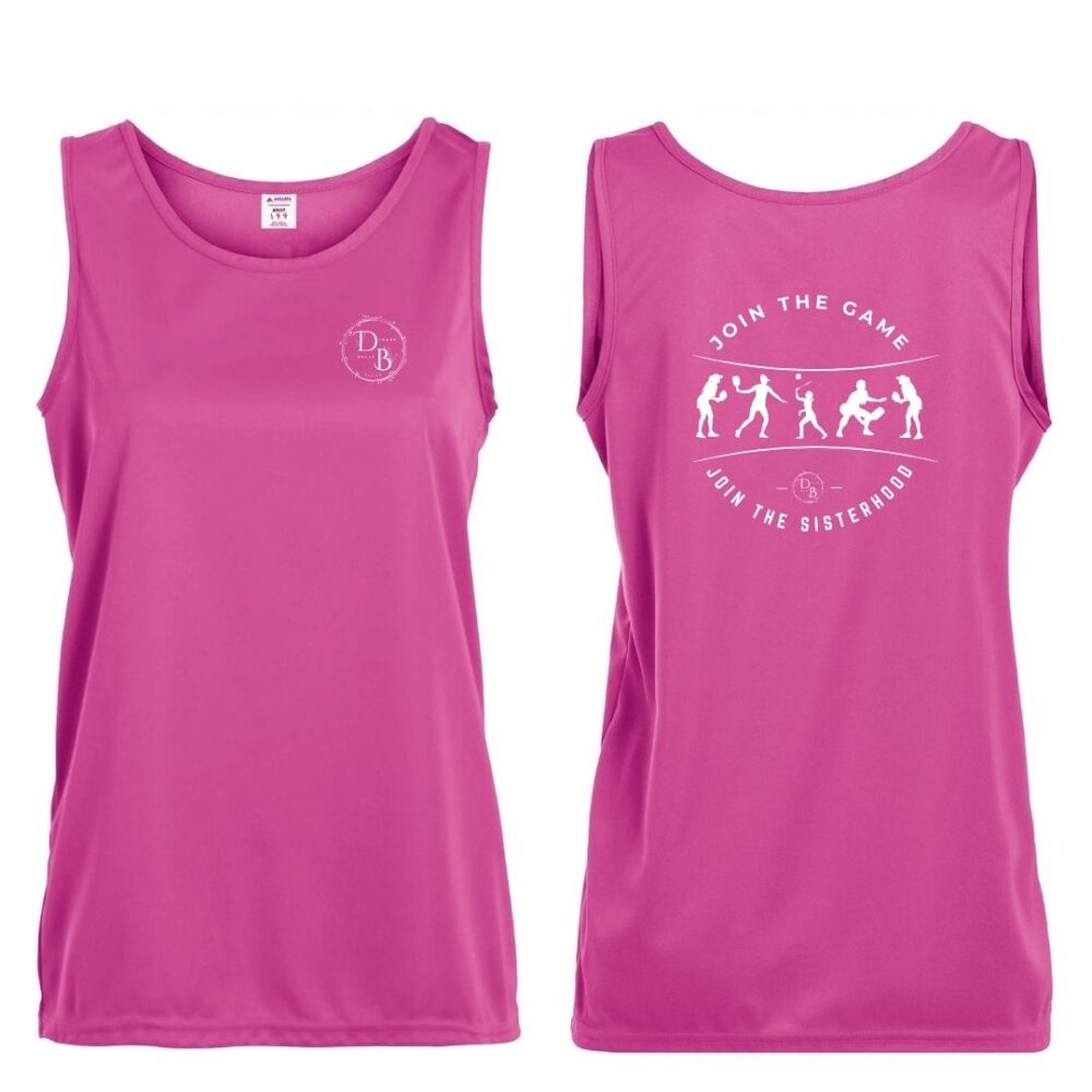 Pink tank top with sports logo and motto.