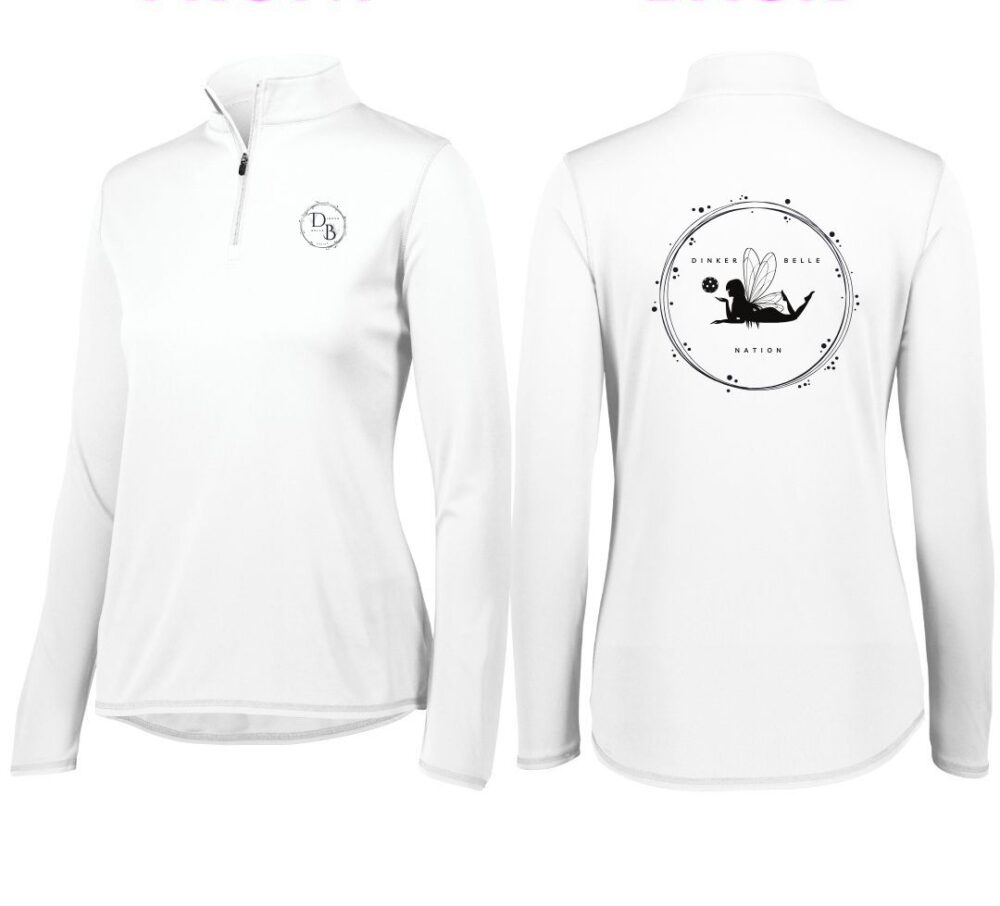 White long-sleeve quarter-zip shirt with logo design.