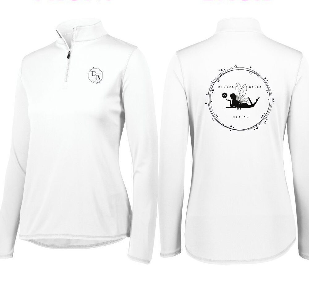 White long-sleeve quarter-zip shirt with logo design.