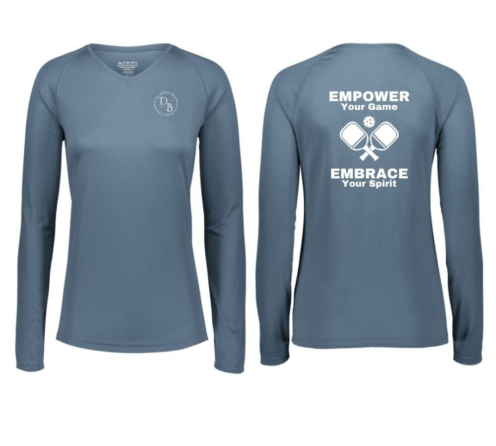 Blue long-sleeve shirt with motivational text.