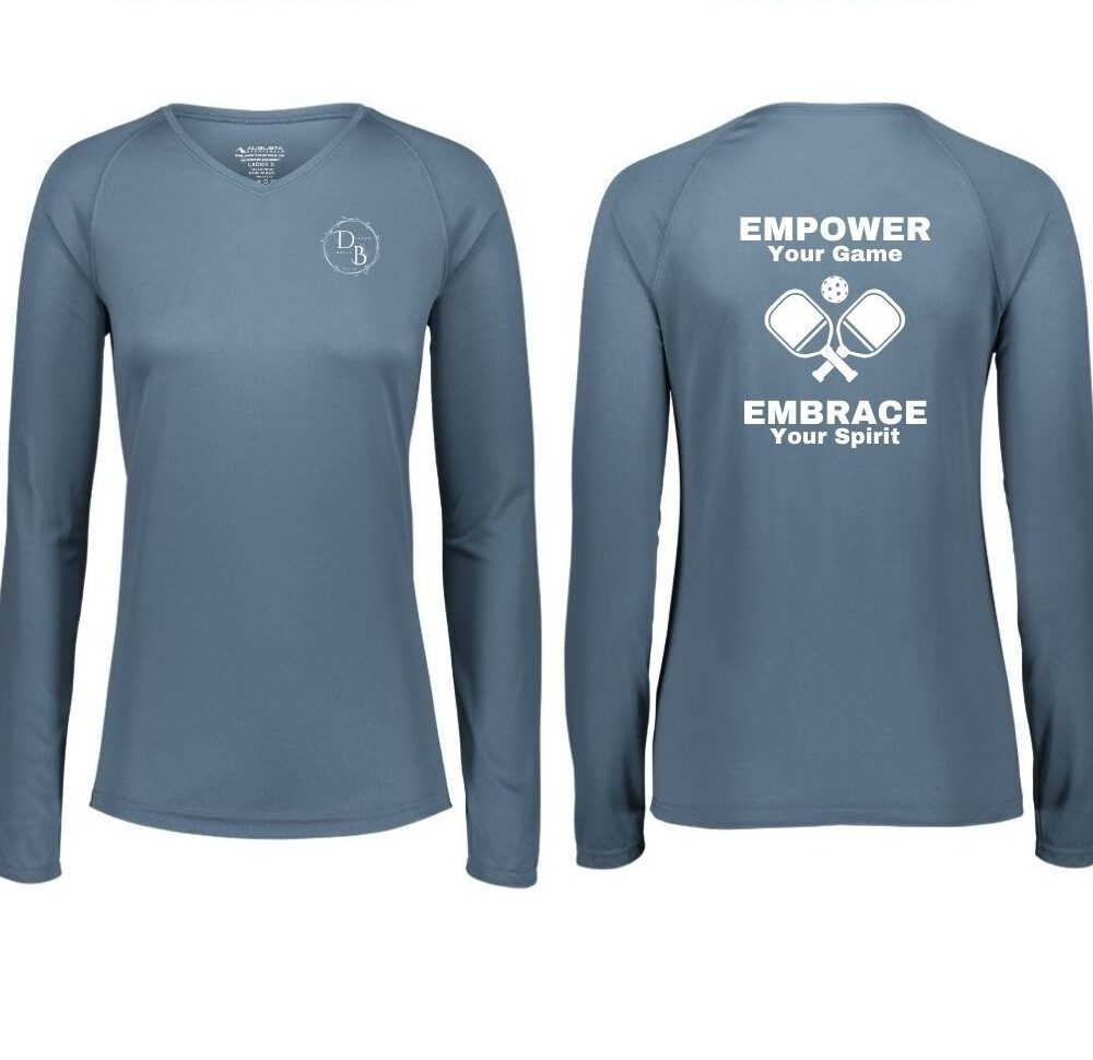 Blue long-sleeve shirt with motivational text.