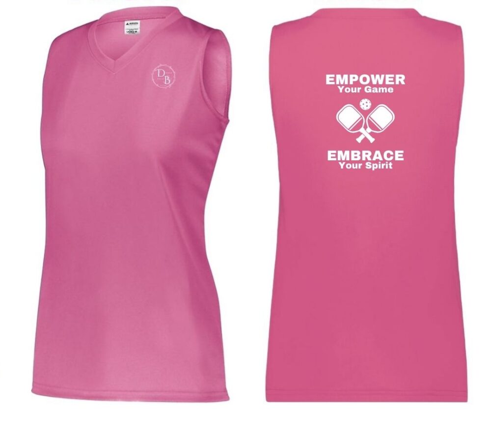 Pink sports tank top, front and back view.