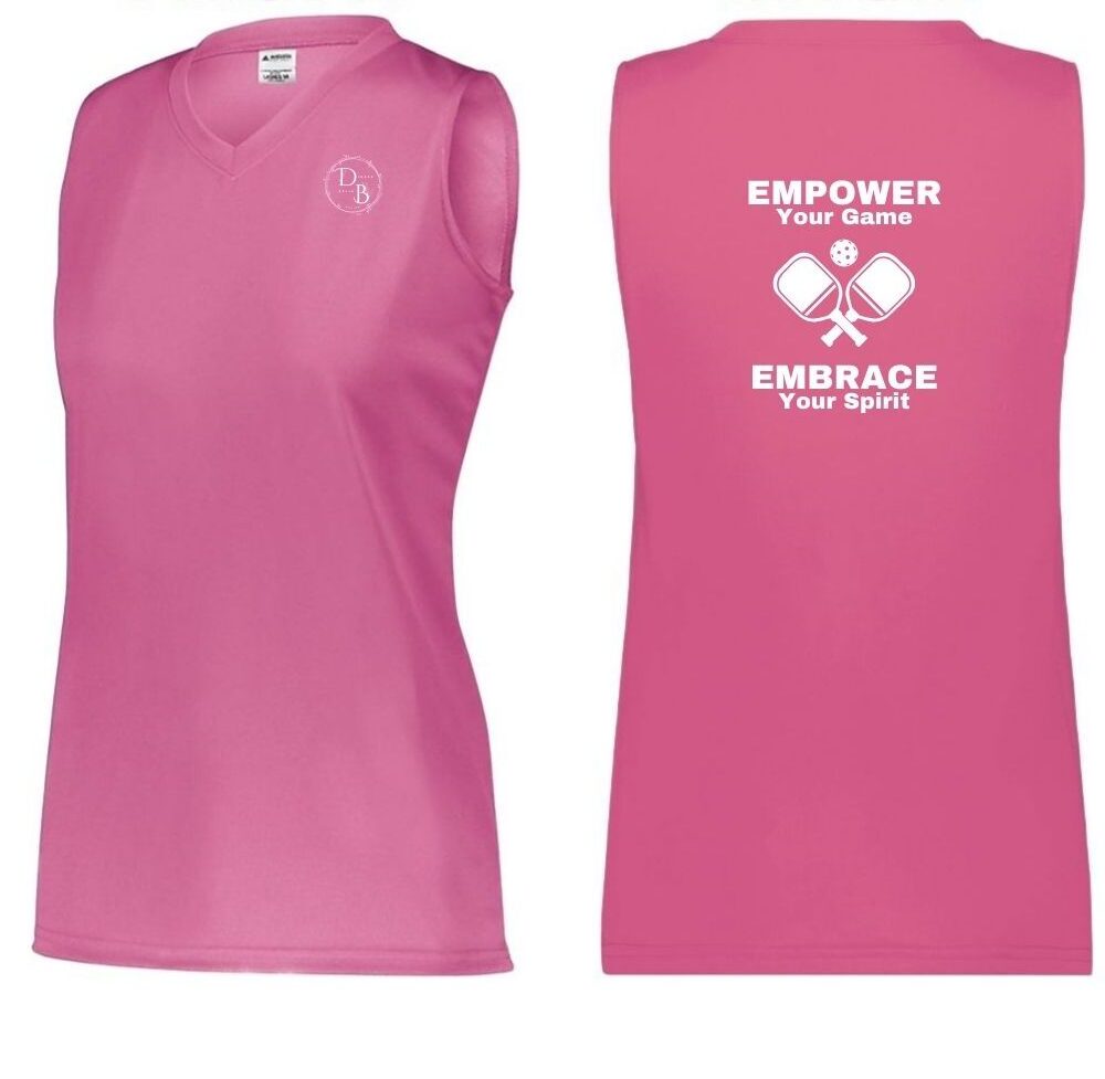 Pink sports tank top, front and back view.