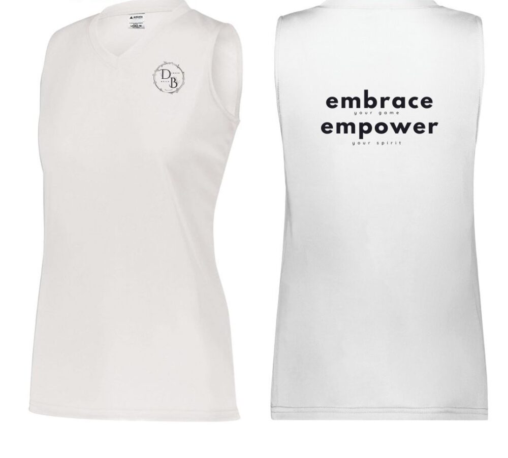 White tank top with logo and text design