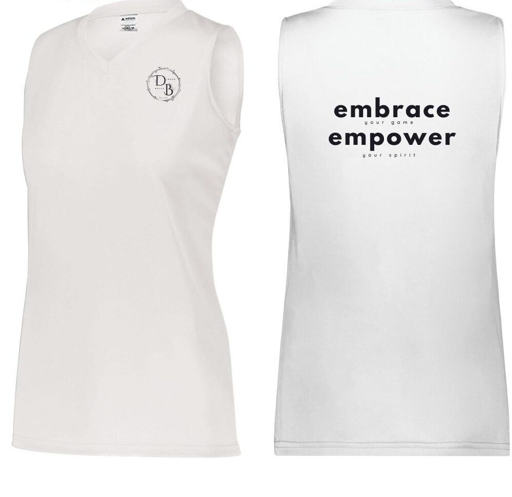 White tank top with logo and text design