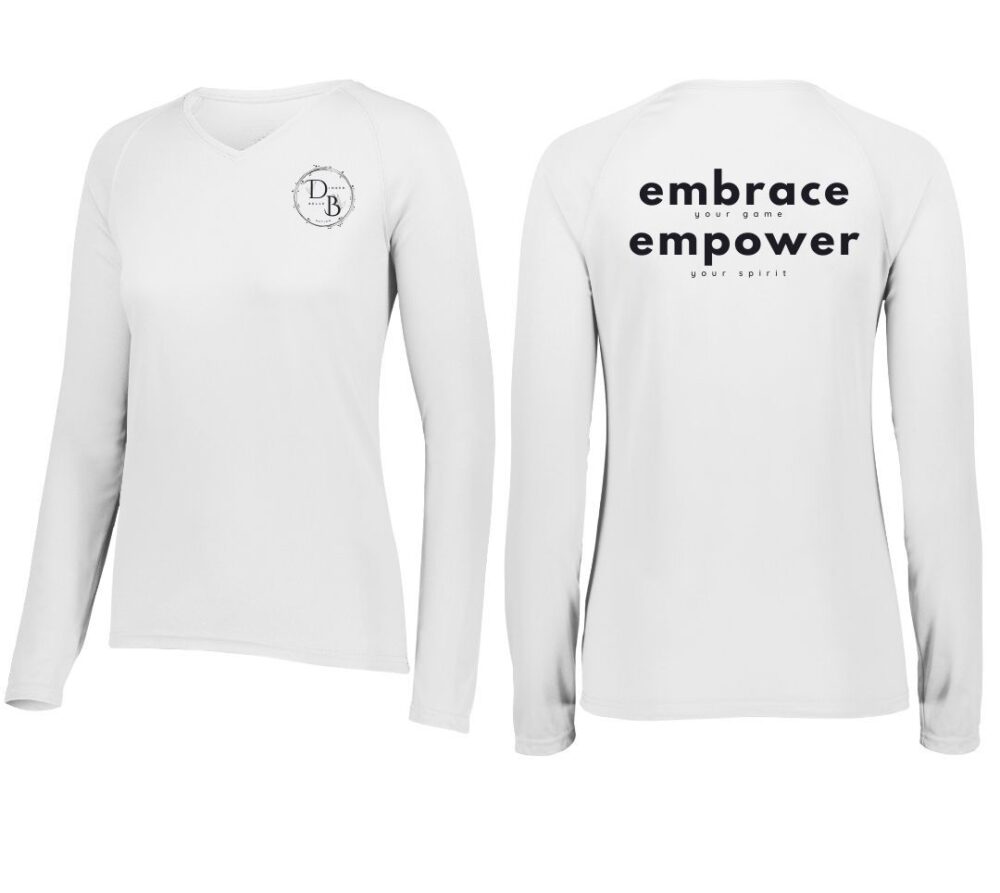 White long-sleeve shirt with front and back design.