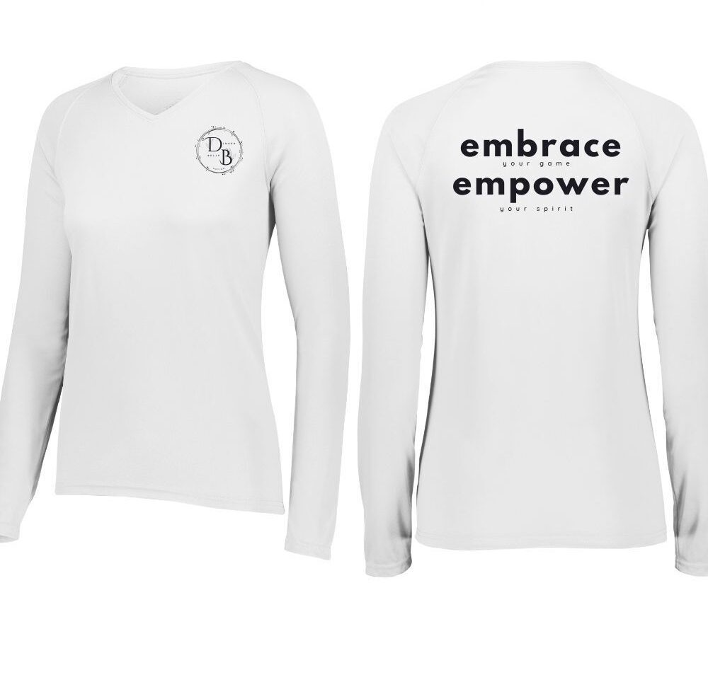 White long-sleeve shirt with front and back design.