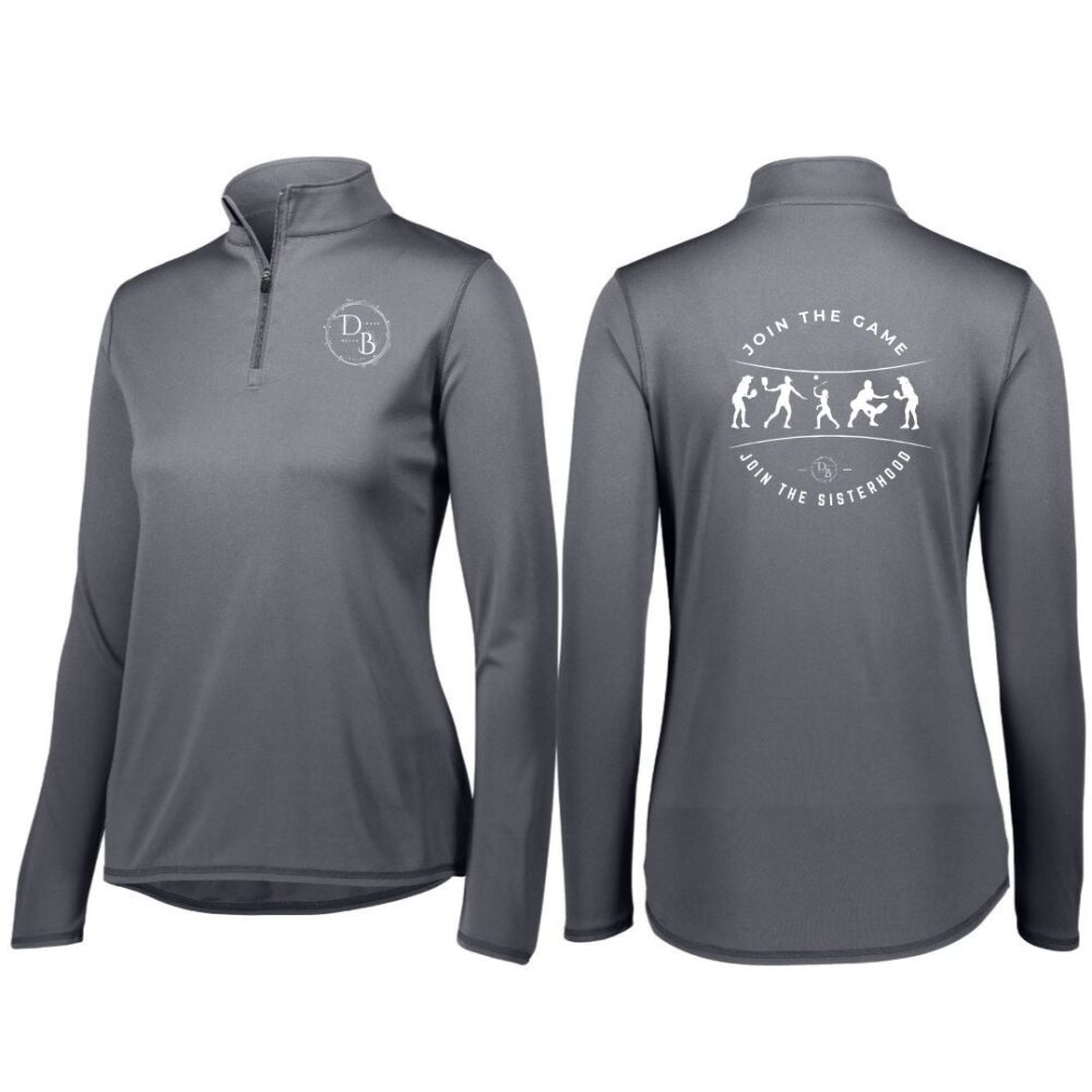 Gray long-sleeve shirt with sisterhood slogan and logo.