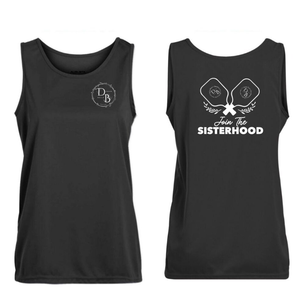 Black tank top, sisterhood pickleball design front and back.