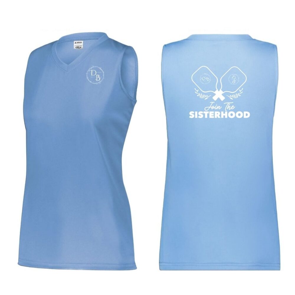 Blue sleeveless shirt with 'Join the Sisterhood' text