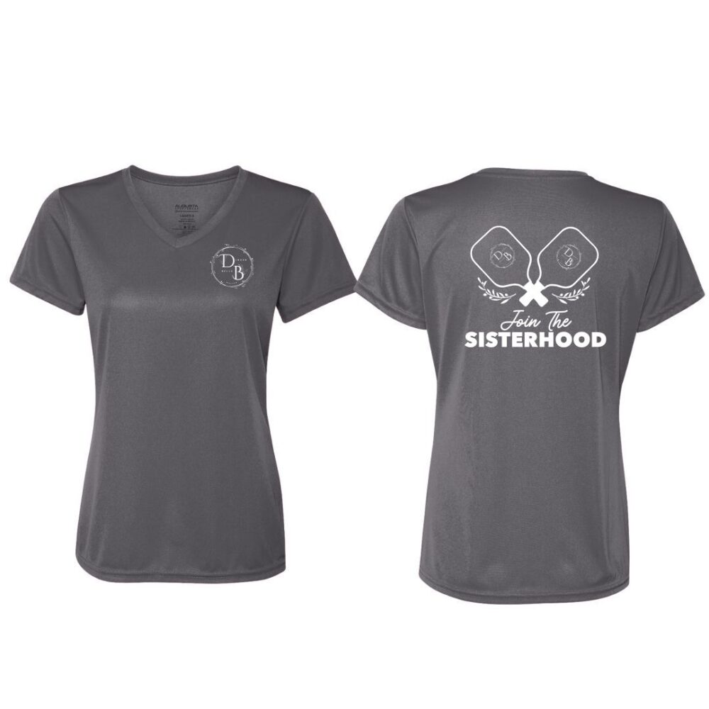 Gray V-neck t-shirts, Join The Sisterhood design.