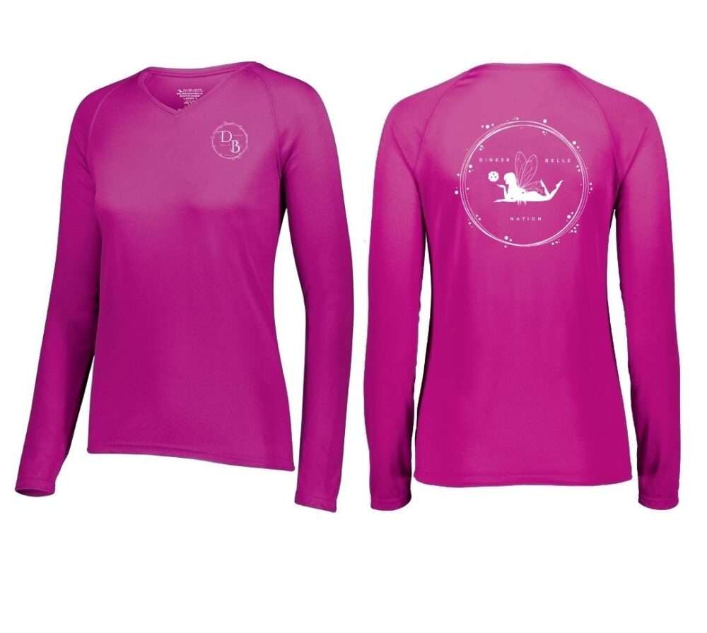 Pink long-sleeve shirt, front and back view.