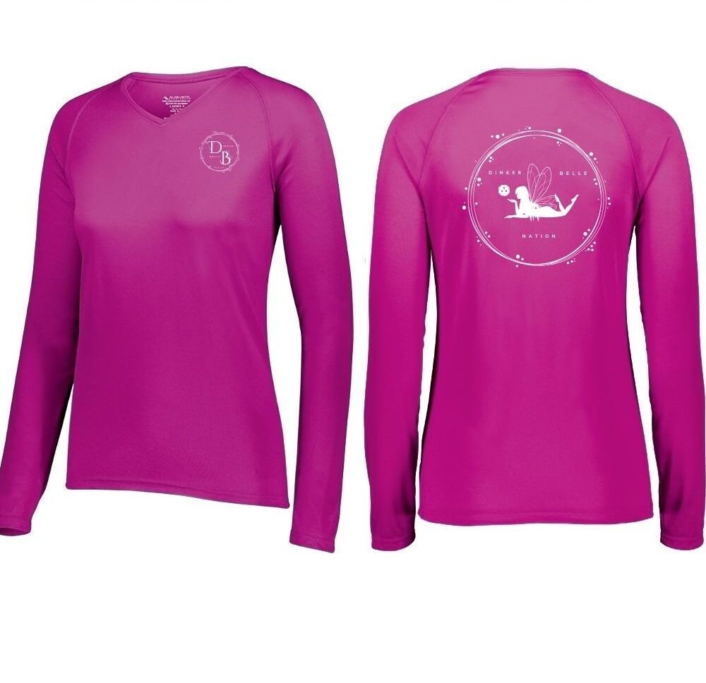 Pink long-sleeve shirt, front and back view.