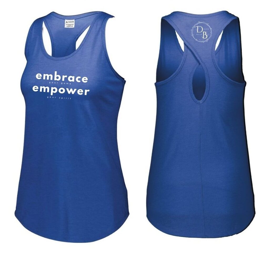 Blue tank top with empowering message, front and back.