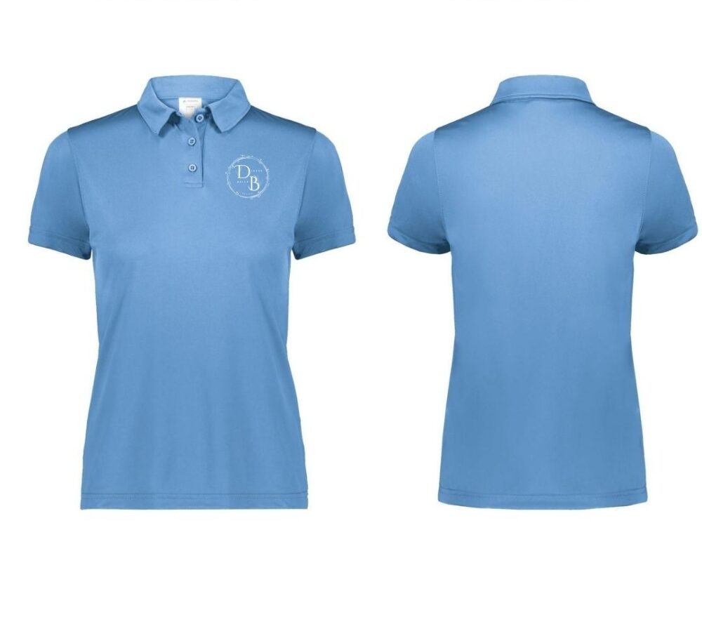 Blue polo shirt, front and back views.