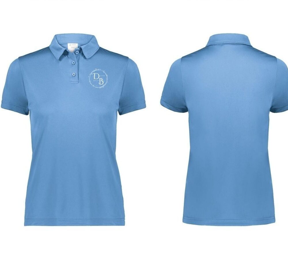 Blue polo shirt, front and back views.