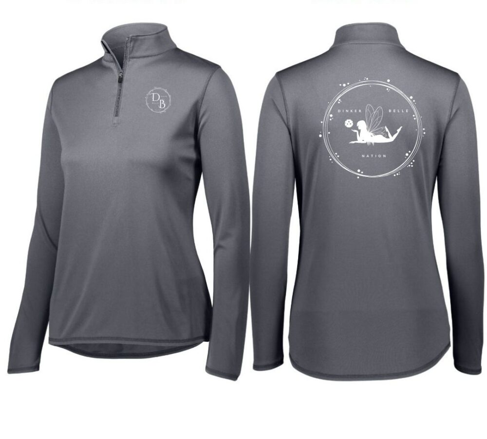 Gray women's zip-up shirt front and back view.