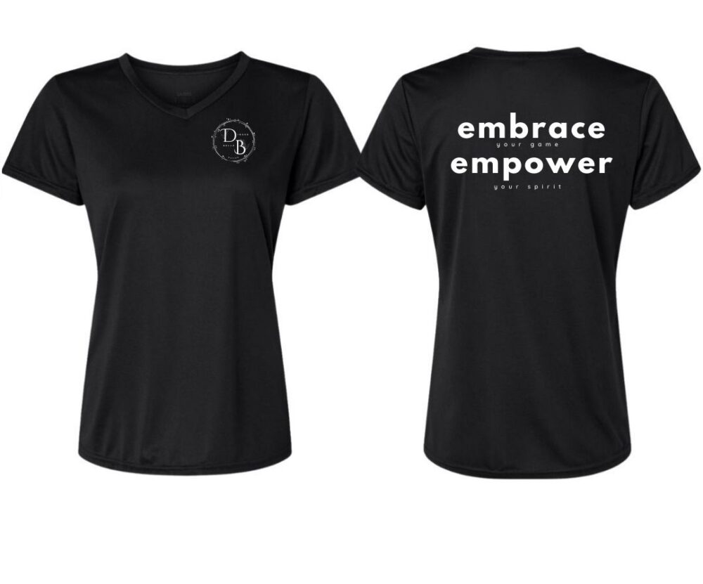 Black T-shirts with motivational text front and back.