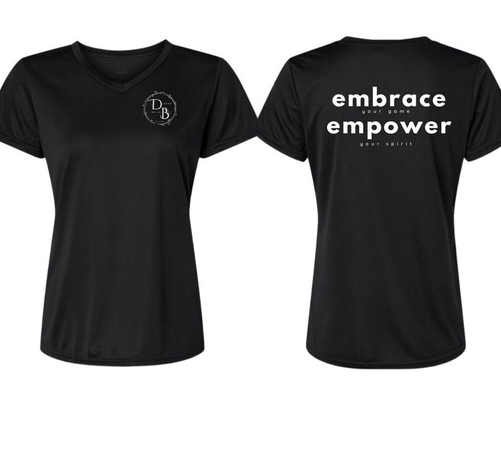 Black T-shirts with motivational text front and back.