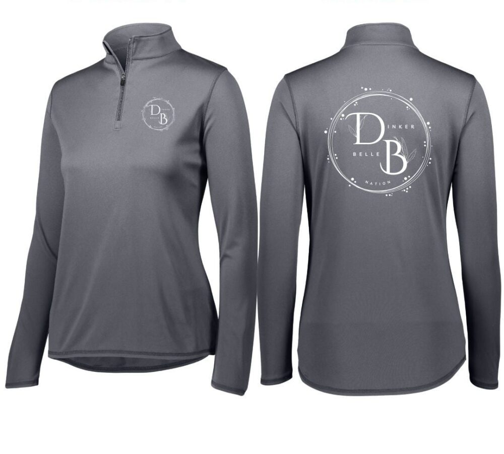 Gray long-sleeve shirts with logo, front and back view.