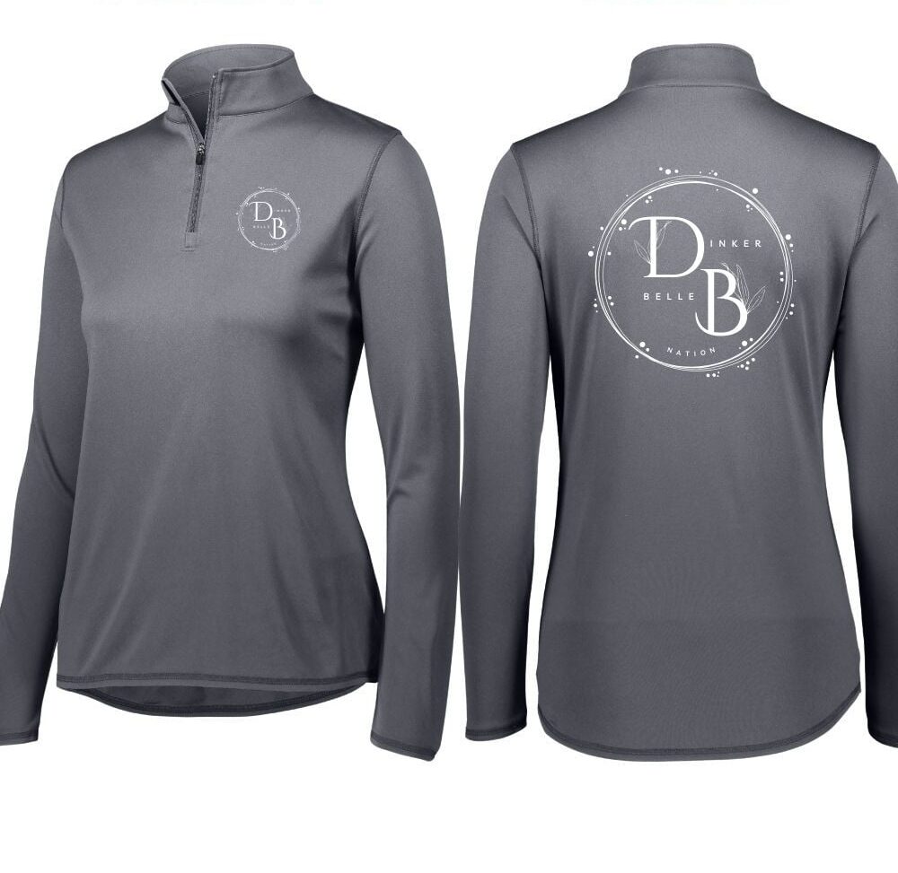 Gray long-sleeve shirts with logo, front and back view.