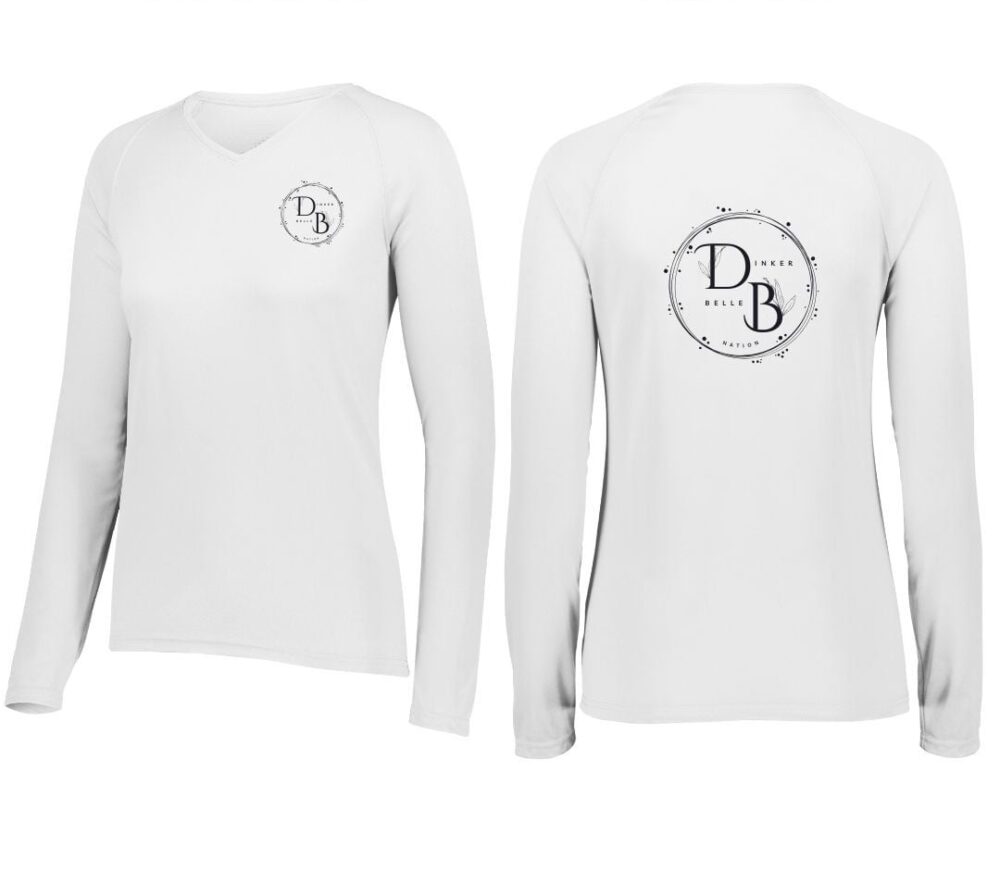 White long-sleeve t-shirt with circular logo design.