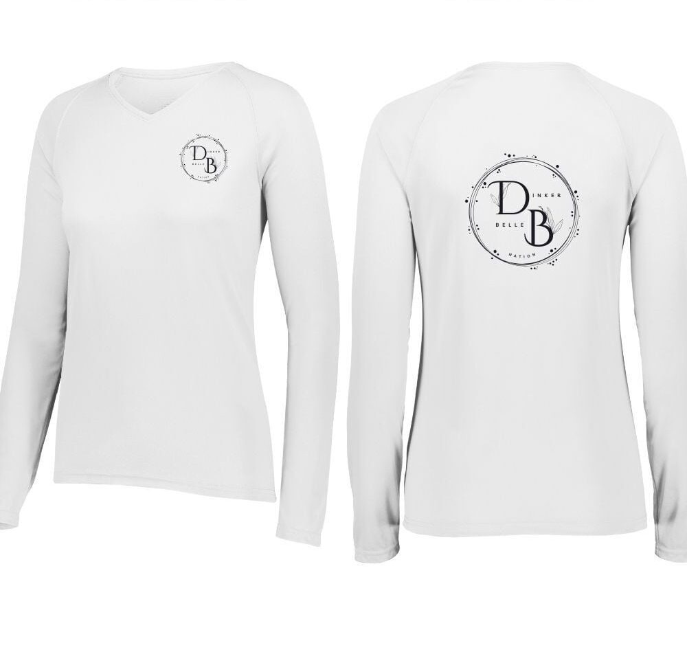 White long-sleeve t-shirt with circular logo design.