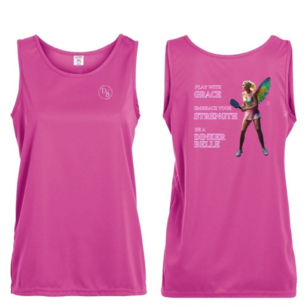 Pink tank tops with fairy tennis graphic.