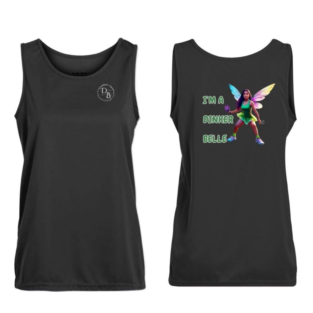 Black tank top with fairy graphic and text.