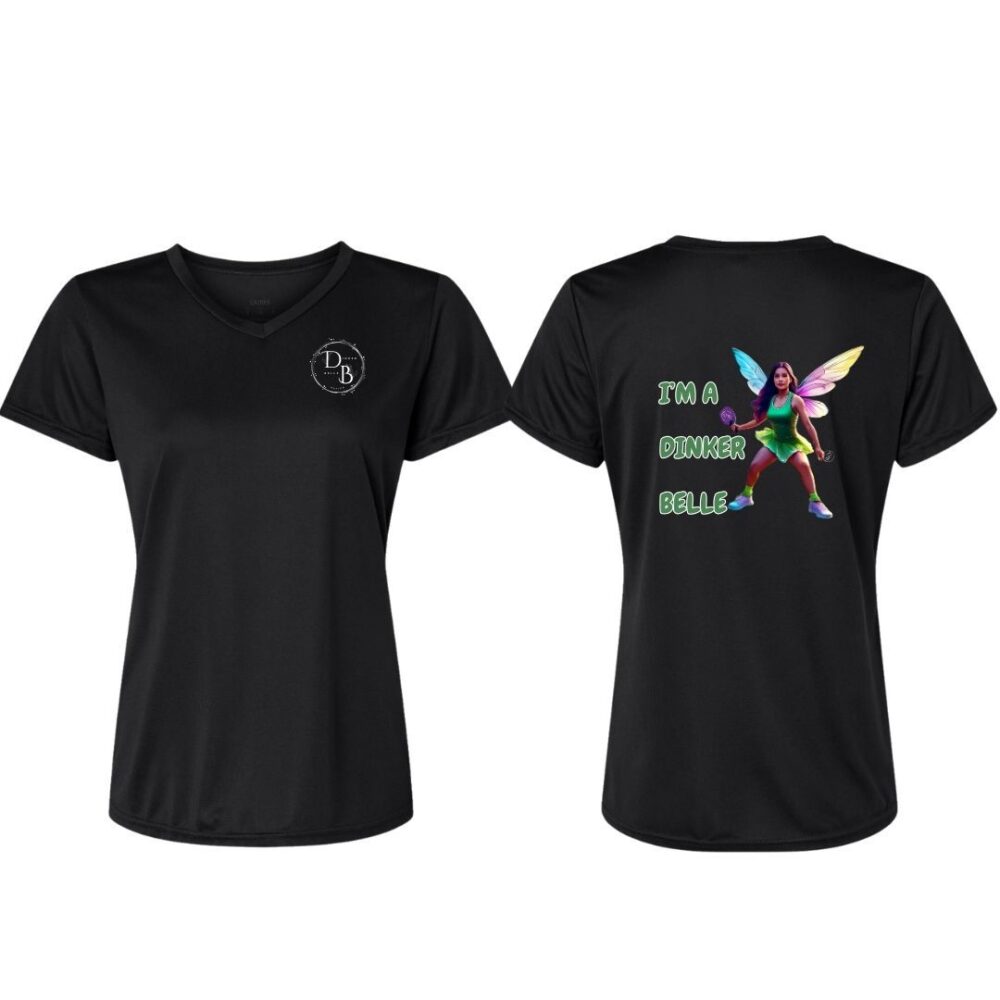 Black T-shirt with fairy graphic and text.