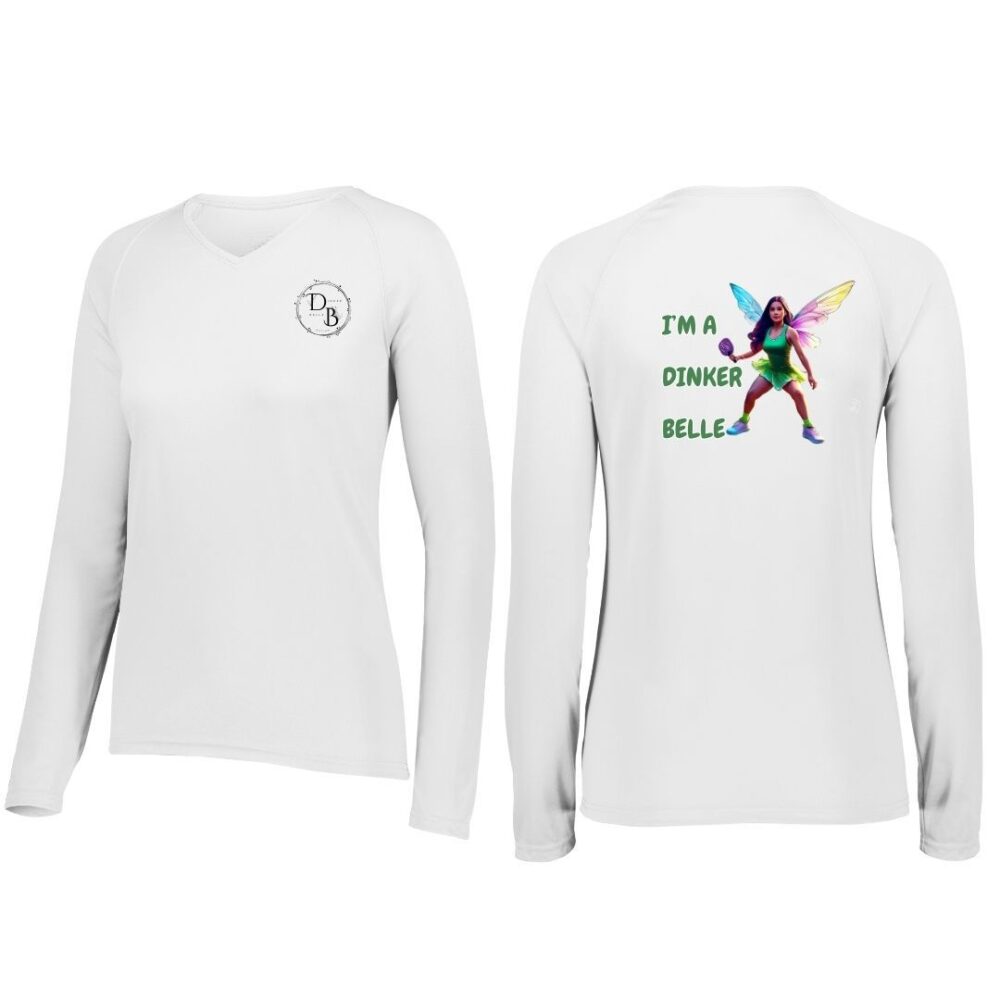 White shirt with Dinker Belle design and logo