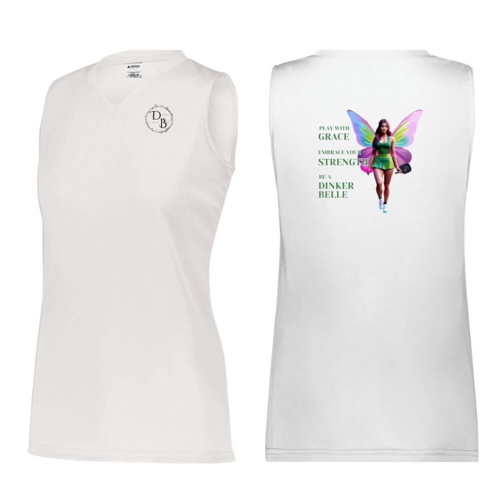 White sleeveless shirt with fairy design and text.