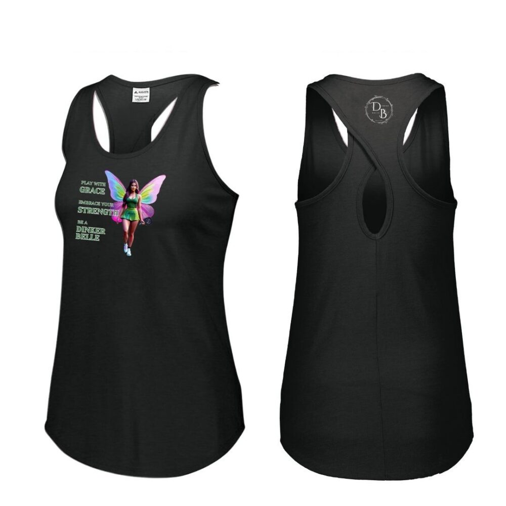 Black tank top with fairy design and text