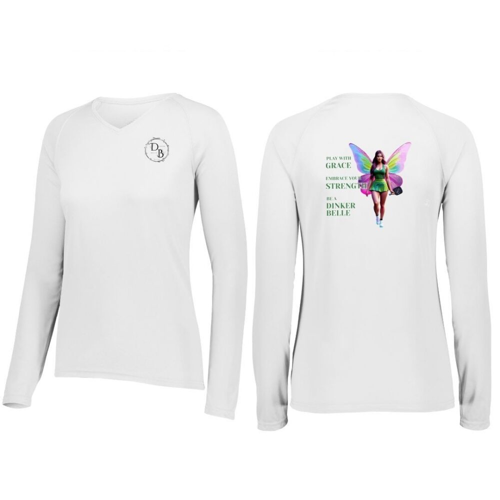 White athletic shirt with fairy design and text.