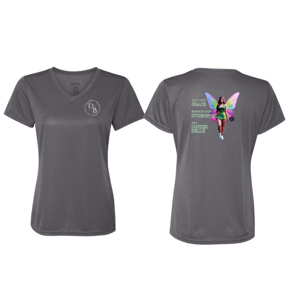 Gray T-shirt with fairy graphic and white logo.