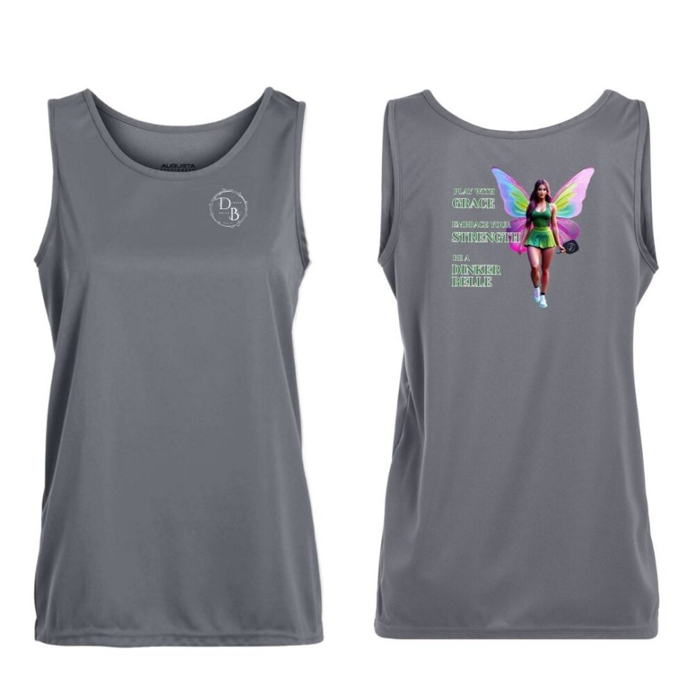 Gray tank top featuring a colorful fairy design.