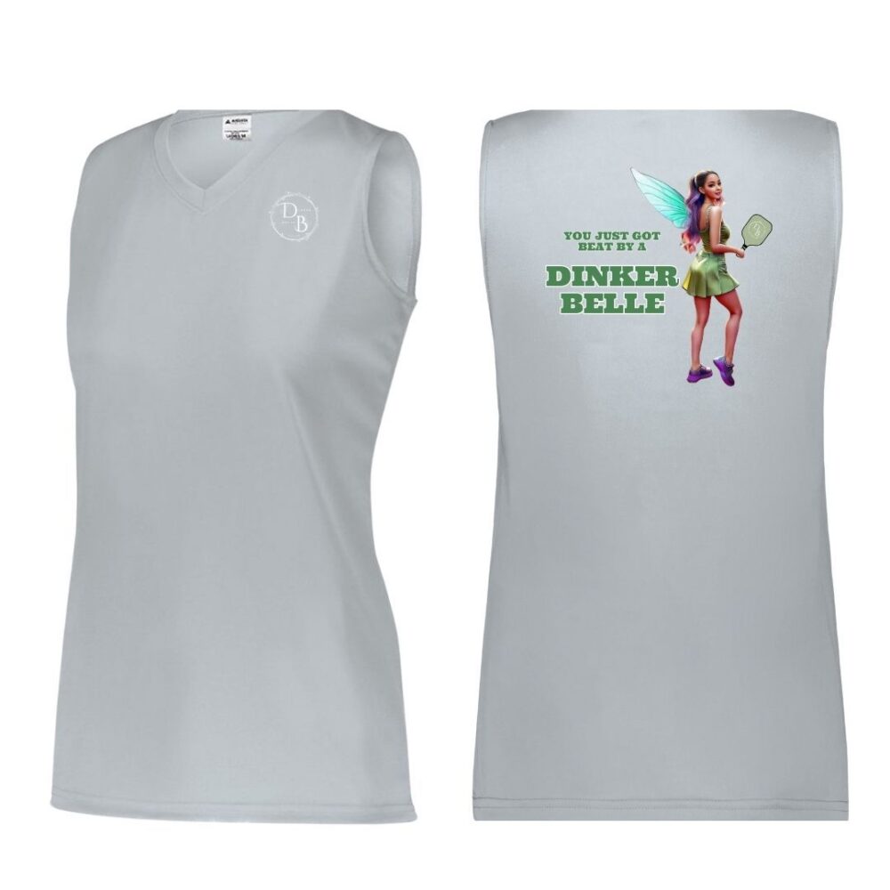 Gray sleeveless shirt with Dinker Belle design.