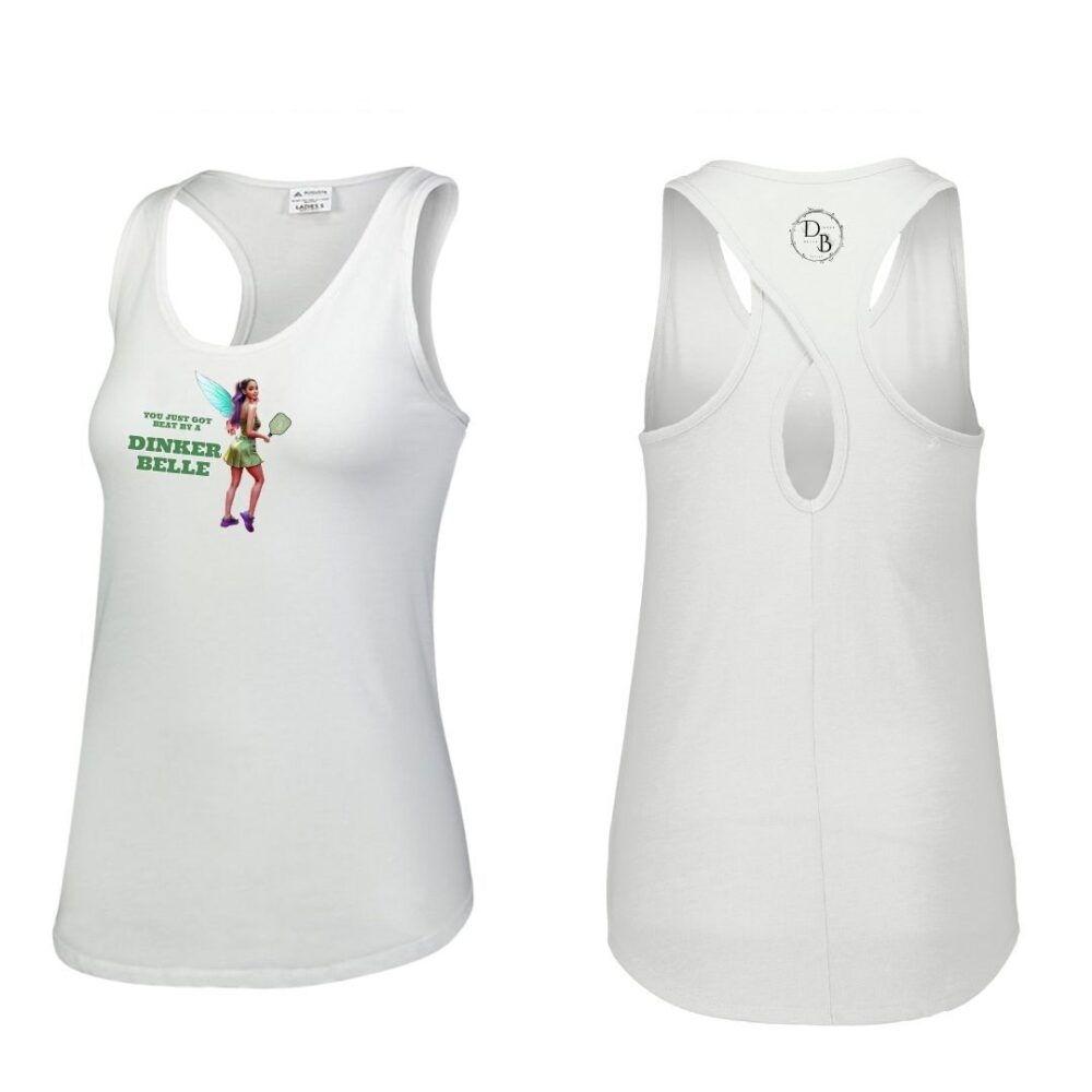 White tank top with Dinker Belle graphic.